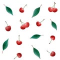 Seamless pattern from watercolor cherry berries and leaves on a white background. Royalty Free Stock Photo